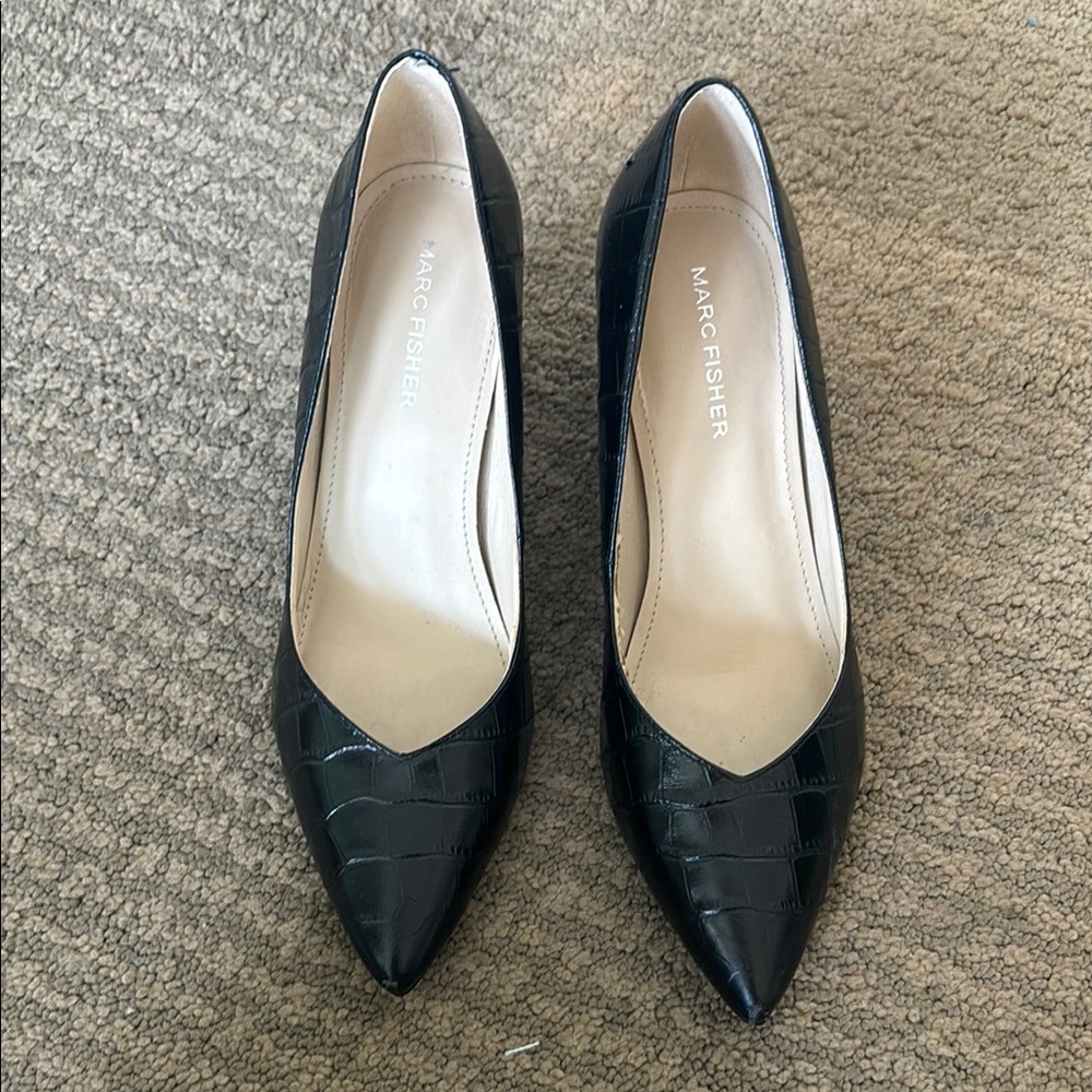 Marc Fisher black pointed toe croc embossed heels